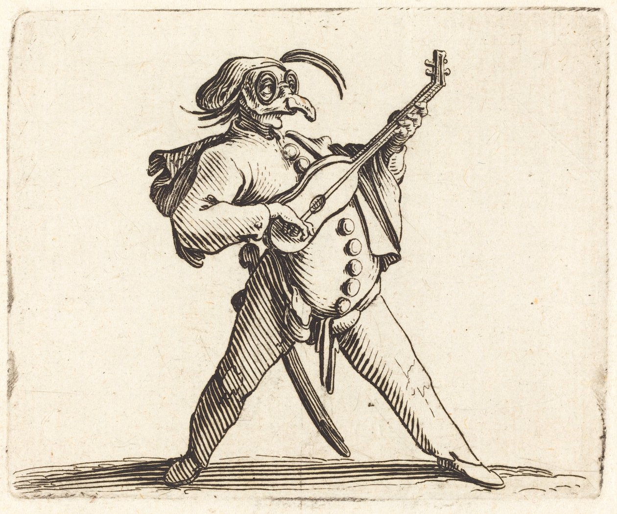 Maskovaný komik hrající na kytaru od Jacques Callot