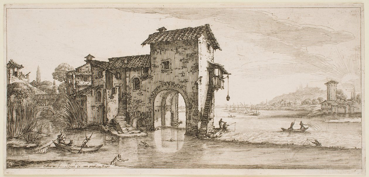 Mlýn u řeky, ze série „Krajiny Florencie“ od Jacques Callot