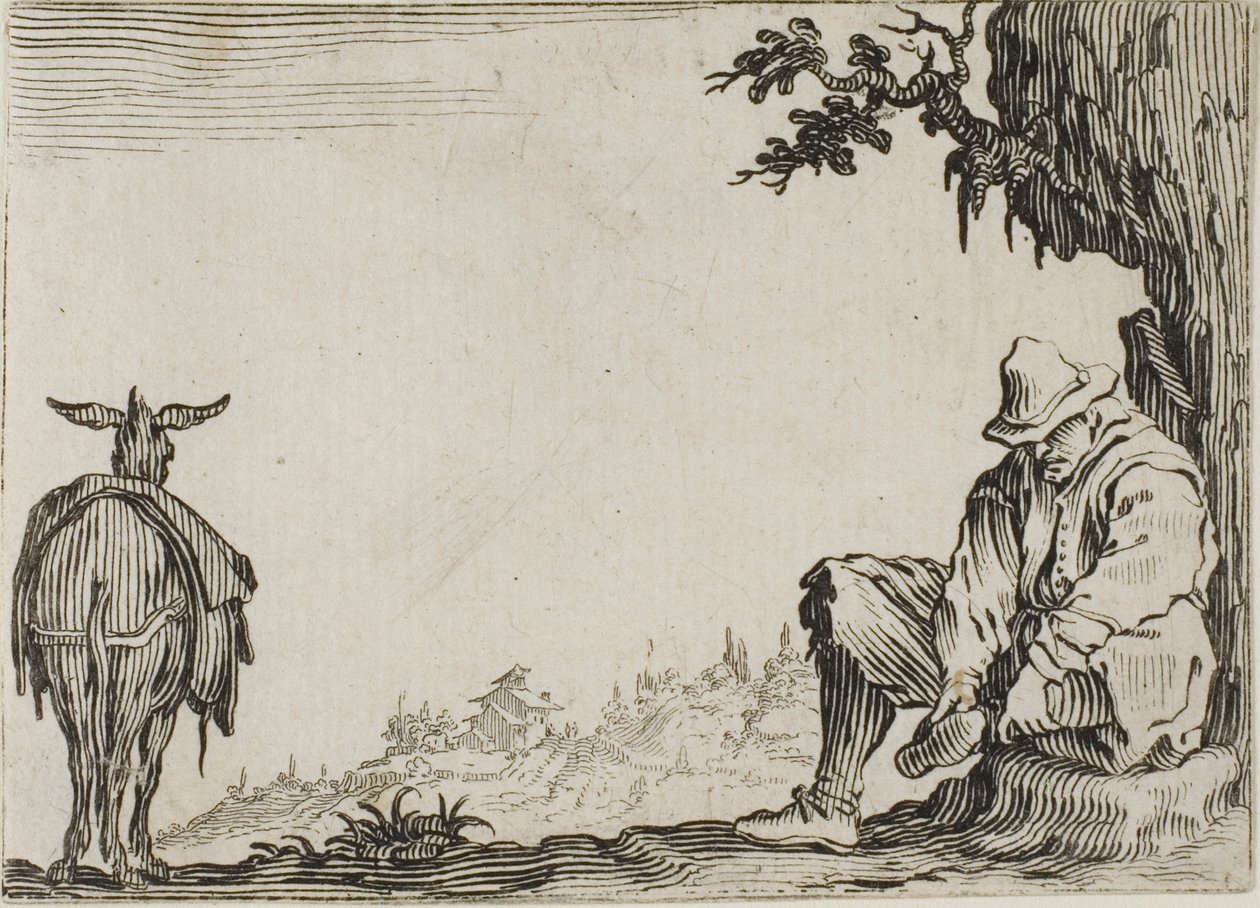 Rolník si sundává boty z The Caprices od Jacques Callot