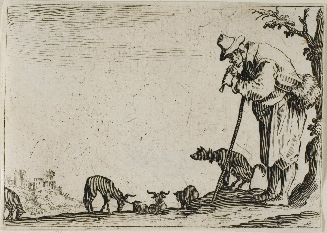 Pastýř hrající na flétnu, z The Caprices od Jacques Callot