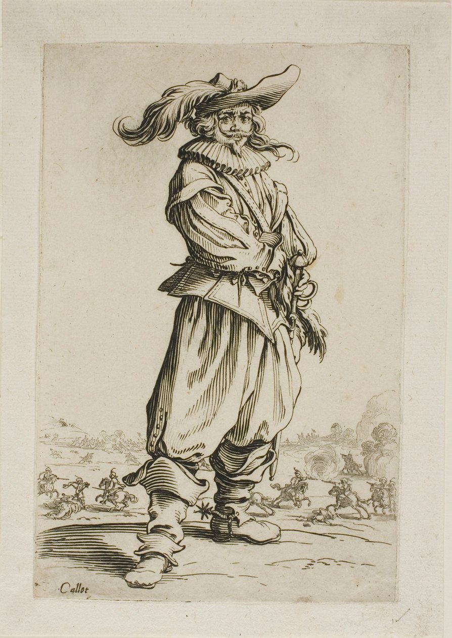 Voják s opeřeným kloboukem, deska tři z La Noblesse od Jacques Callot