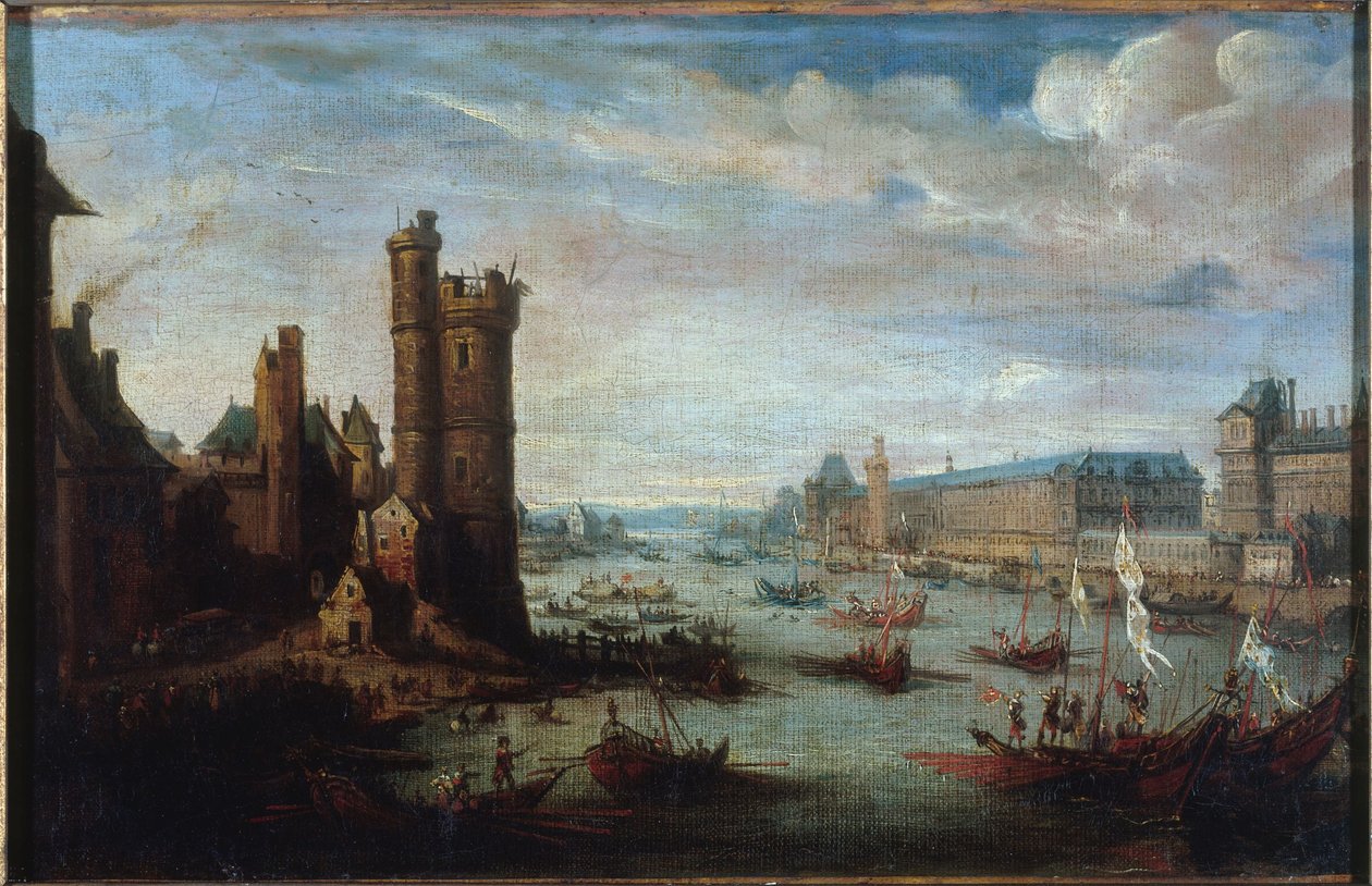 Tour de Nesle, Velká galerie a Louvre při pohledu z Pont-Neuf, asi 1630, mezi lety 1625 a 1635 (olej na plátně) od Jacques Callot