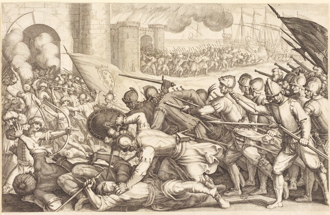 Vojska dobývající bránu města od Jacques Callot