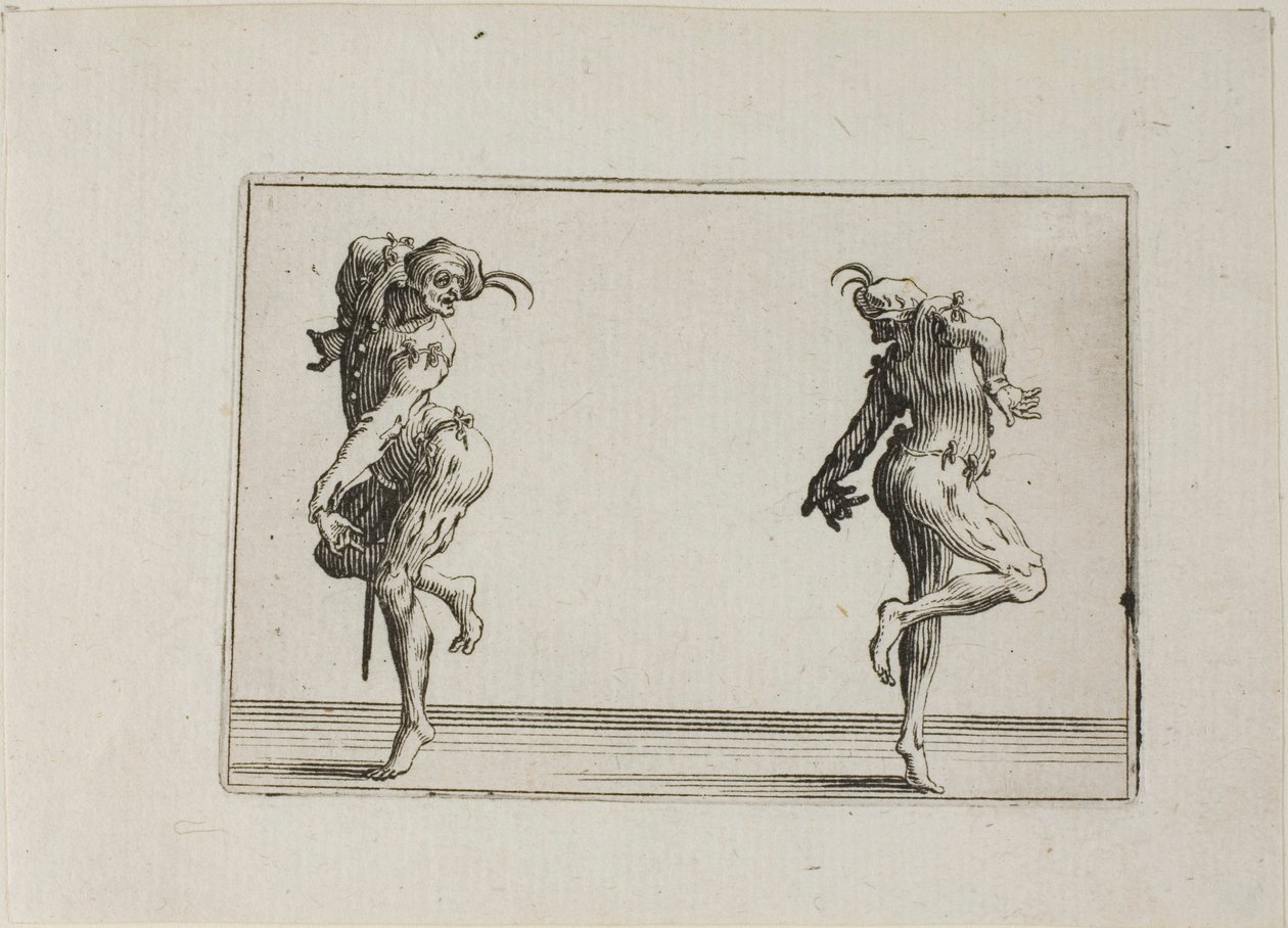 Dva pantaloni se otáčejí zády, z knihy Caprices od Jacques Callot