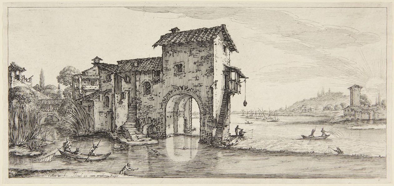 Vodní mlýn, ze série Paysages Gravées pour Jean de Médicis, Paysages Dessinés à Florence od Jacques Callot