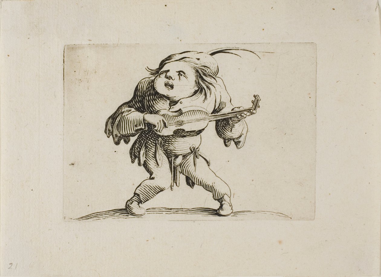 Rozkolísaný muž hrající na kytaru, z Varie Figure Gobbi od Jacques Callot