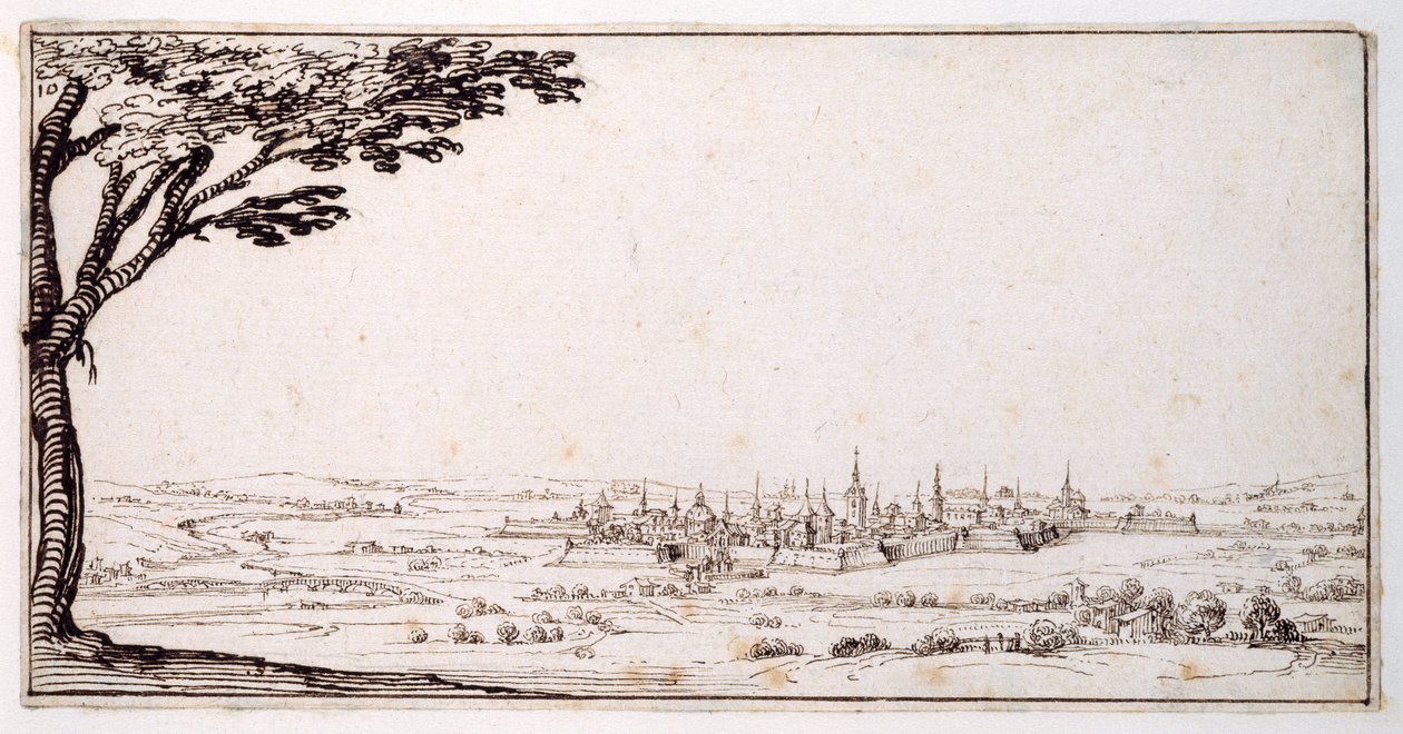 Pohled na Nancy (pero a hnědý inkoust na papíře) od Jacques Callot
