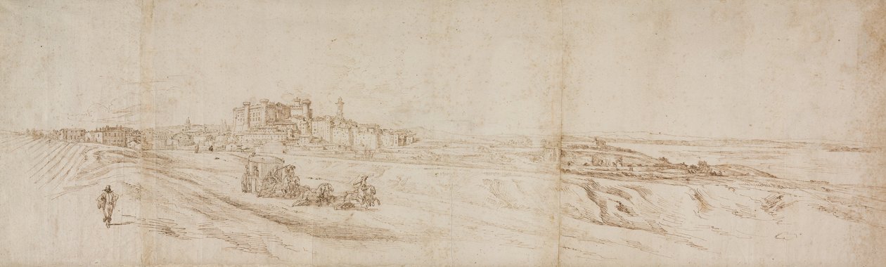 Pohled na Castello Bracciano poblíž Říma s trenérem a postavami od Jacques Callot