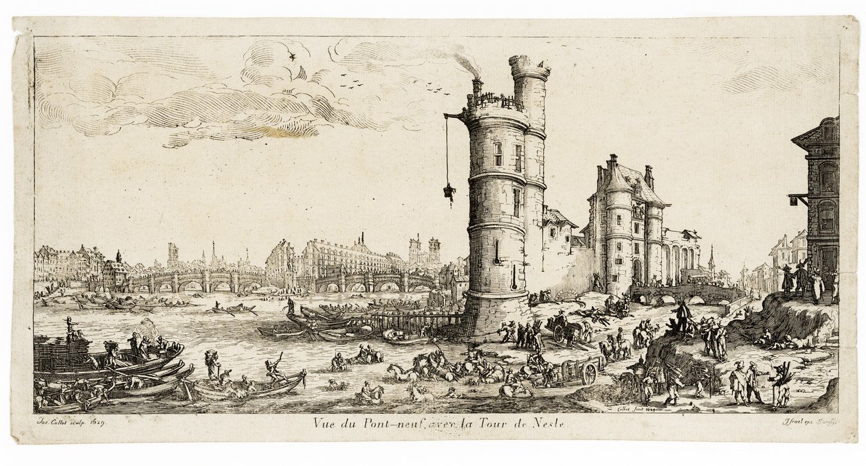 Pohled na Pont Neuf a Tour de Nesle (rytina) od Jacques Callot