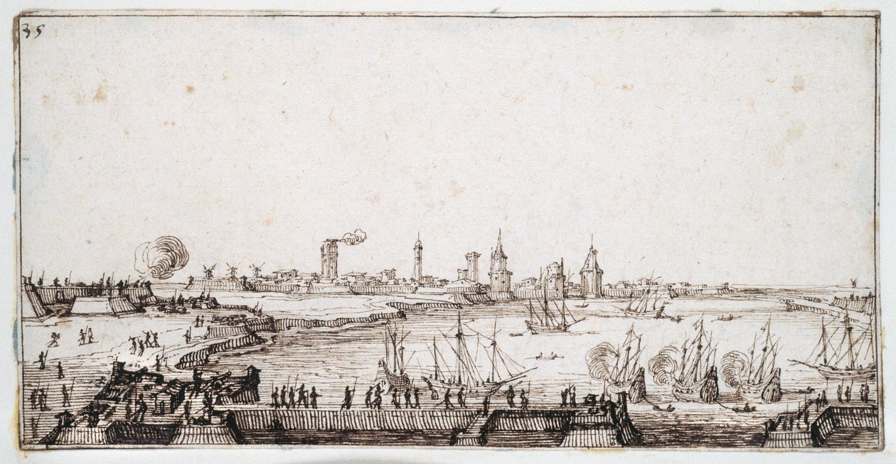 Pohled na přístav La Rochelle s galeonami střílejícími na pozdrav (pero a hnědý inkoust na papíře) od Jacques Callot