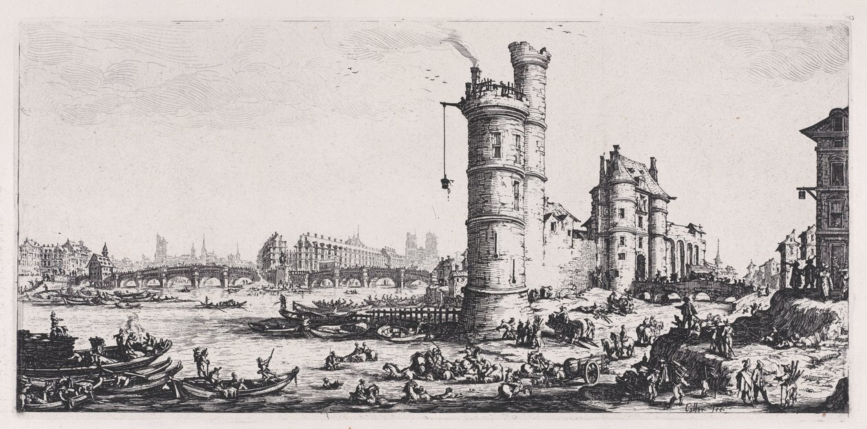 Pohled na Pont-Neuf (View of the Pont-Neuf), z díla „Les Deux Grandes Vues de Paris“ (Dva velkolepé pohledy na Paříž) od Jacques Callot