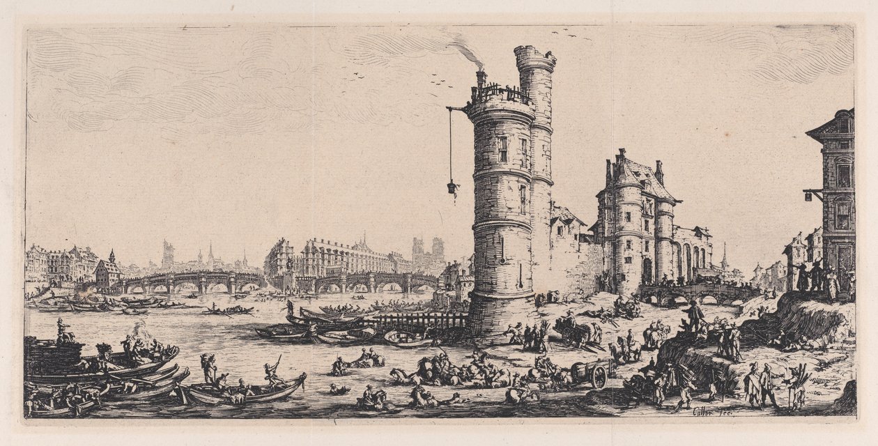 Pohled na Pont-Neuf (View of the Pont-Neuf), z díla „Les Deux Grandes Vues de Paris“ (Dva velkolepé pohledy na Paříž) od Jacques Callot