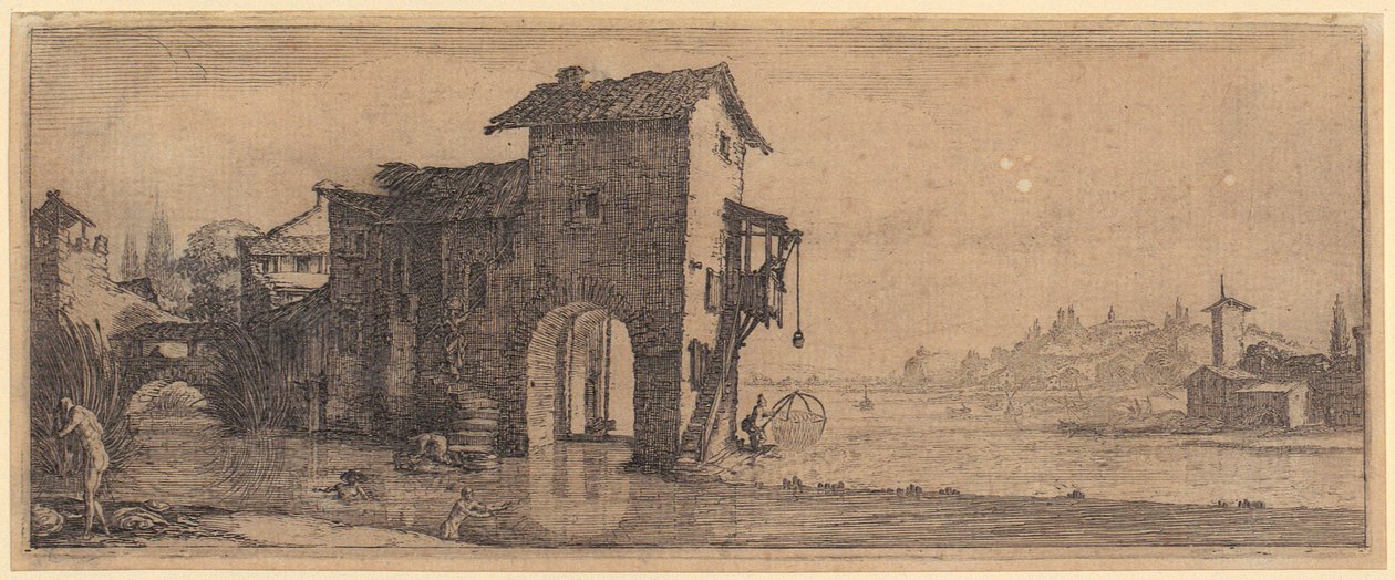 Vodní mlýn, list č. 3 ze série „Čtyři krajiny“ od Jacques Callot