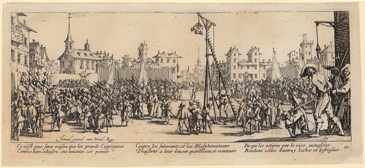 Houpací šibenice, list 10 ze série „Šedé stránky války“ od Jacques Callot