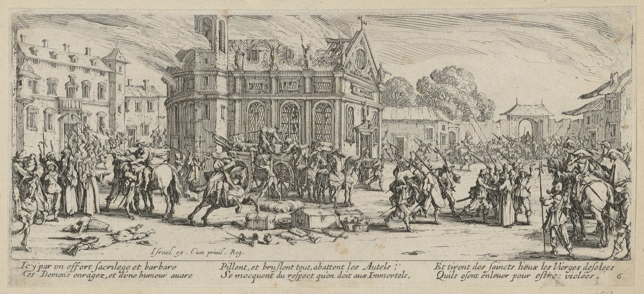 Zničení kláštera, list 6 ze série „Hrůzy války“ od Jacques Callot