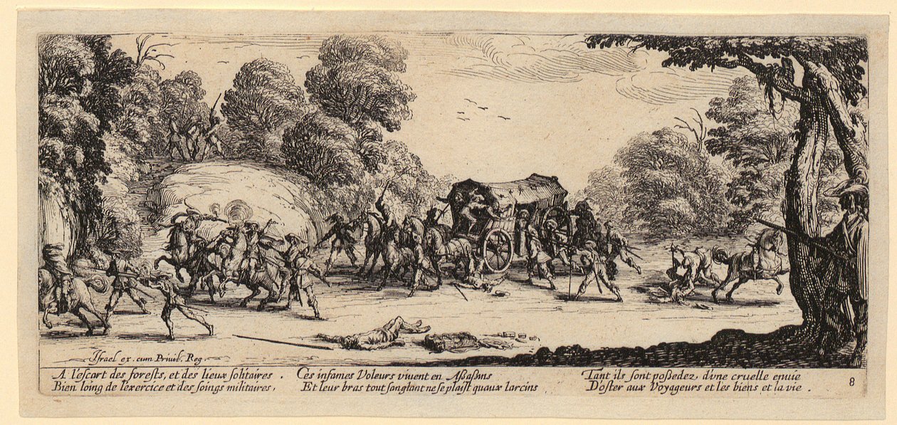 Útok na poštovní dostavník, list 8 ze série „Šedé stránky války“ od Jacques Callot