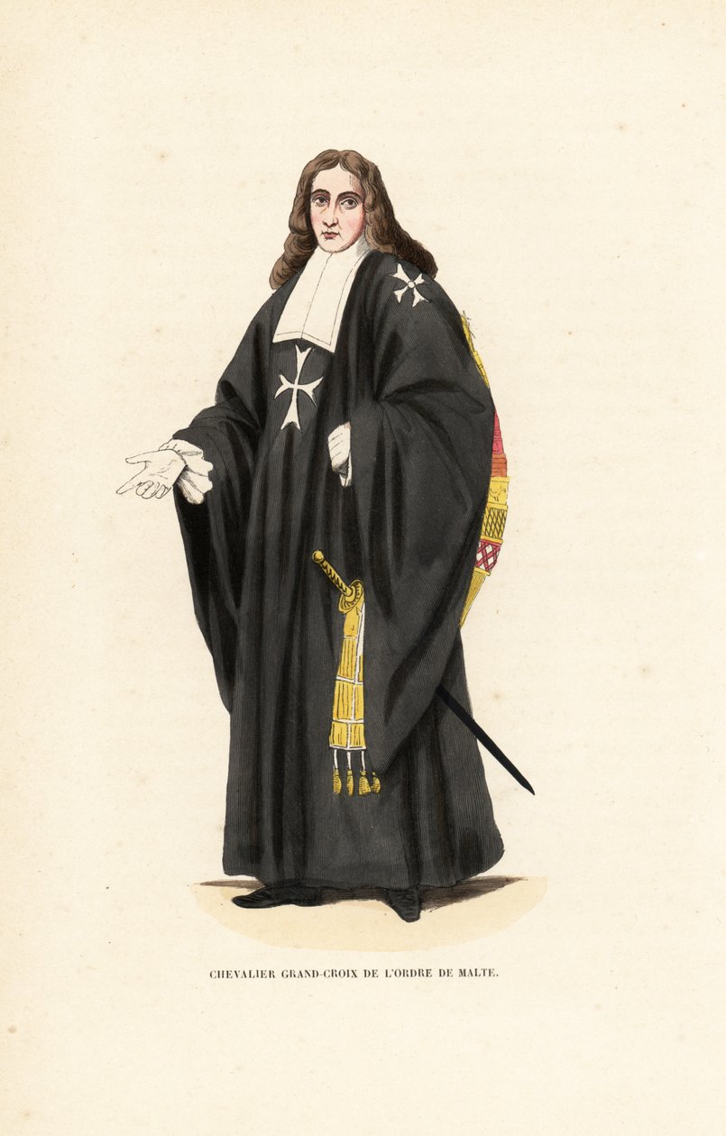 Velký kříž johanitských rytířů, maltézský řád, rytířský řád nemocnice svatého Jana Jeruzalémského, rytíř Grand-Croix de l’Ordre de Malte. Ručně kolorovaná dřevorytina podle ilustrace Jacquese Charlese Bara z Abbot Tiron’s od Jacques Charles Bar