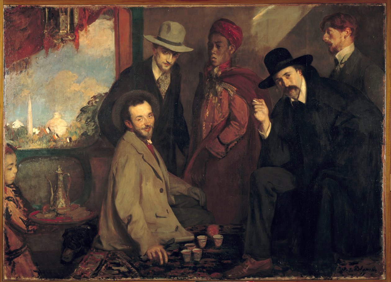 Andre Gide a jeho přátelé v kavárně Maure ze světové výstavy z roku 1900 (Eugene Rouart; Charles Chanvin; Athman Ben Salah; Henri Gheon) Obraz Jacques Emile (Jacques-Emile) Blanche (1861-1942) 1900 Sun. 1,56x2,2 m Rouen, Musee des Beaux Arts od Jacques Emile Blanche