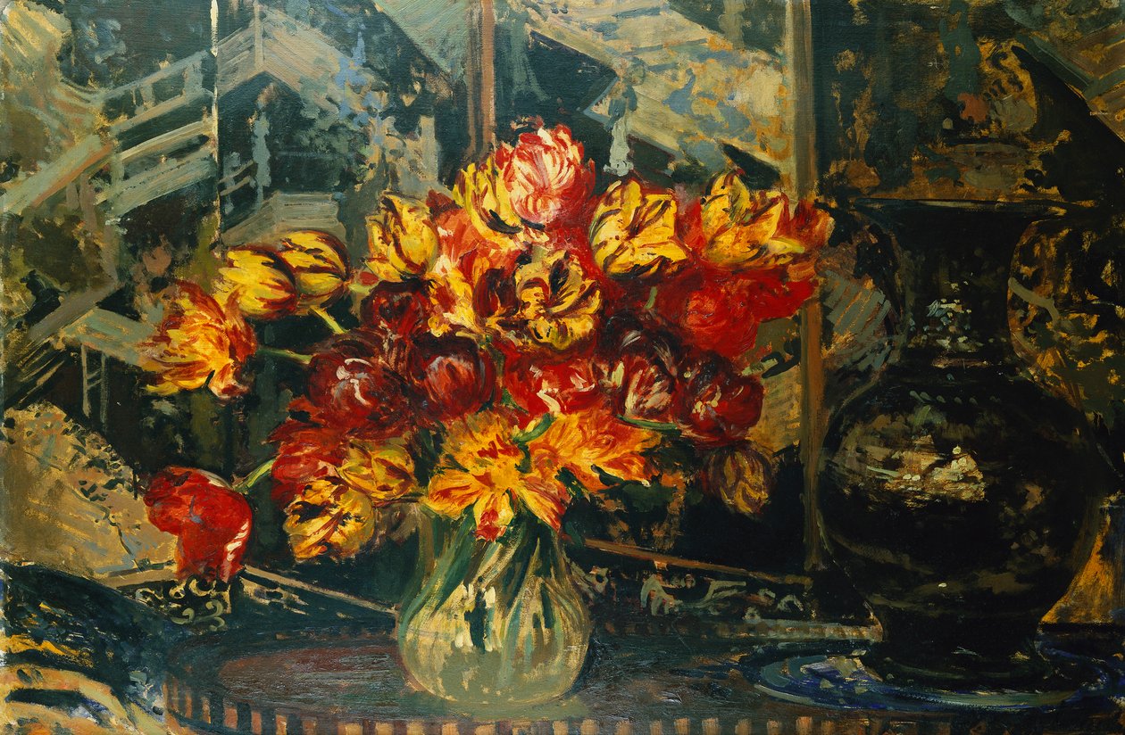 Banda tulipánů a plátno; Kytice tulipánů na obrazovce, od Jacques Emile Blanche