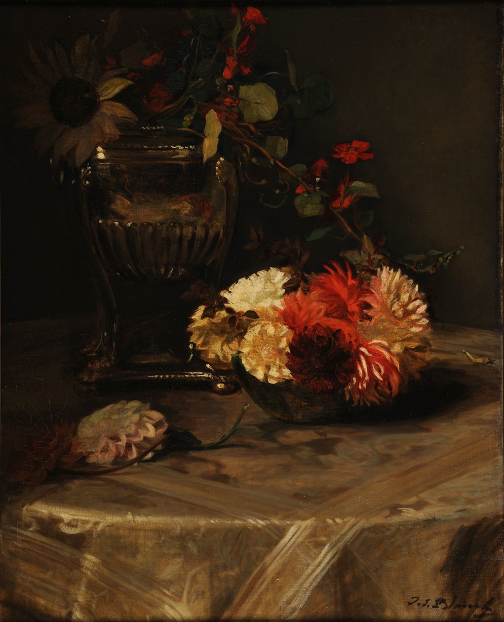 Jiřiny a nasturcie se stříbrnou urnou od Jacques Emile Blanche