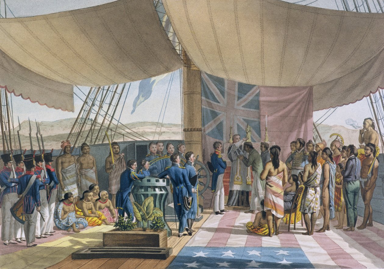 Sandwichovy ostrovy: Křtiny králů Premiér na palubě Uranie, z Voyage Autour du Monde sur les Corvettes de LUranie 1817-20, vyryto Lerouge and Forget, vydáno 1825 ( od Jacques Etienne Victor Arago