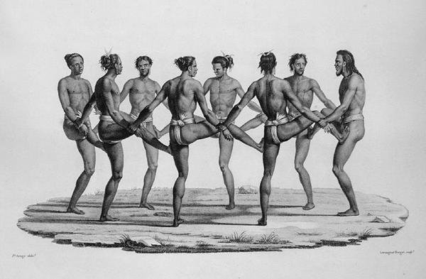 Native Dance in the Caroline Islands, from Voyage Autour du Monde sur les Corvettes de LUranie 1817-20, vyryto Lerouge and Forget, publikováno 1825 od Jacques Etienne Victor after Arago