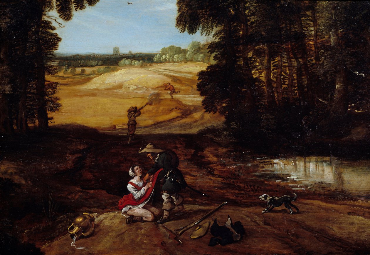 Přepadení. Někteří lupiči v lesích kážou znásilnit ženu. Obraz od Jacquese Fouquierese (1580-1659) od Jacques Fouquieres