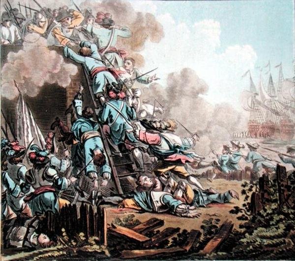 Dobytí pevnosti San Salvador, Sicílie (1674), vyryl Jean Baptiste Morret (fl. 1790-1820) od Jacques Francois Joseph (after) Swebach