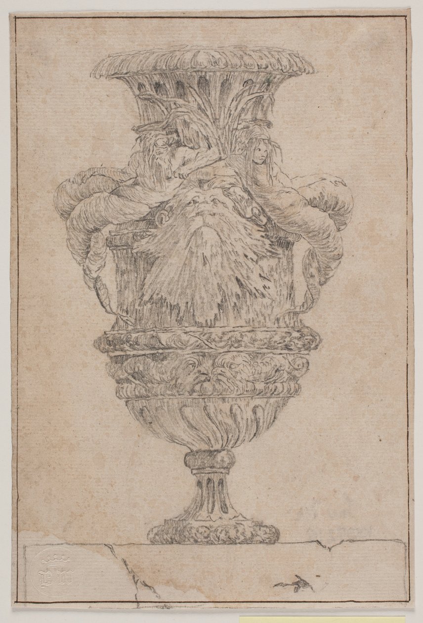 Okrasná váza s velkou hlavou, mořským bohem a vodní nymfou. Kopie po Pl. 26 v soupravě váz navržených Saly v roce 1746. "Vasa a se inventa..." od Jacques Francois Joseph Saly