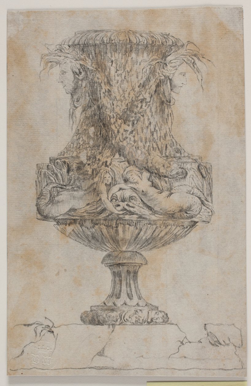 Dekorativní váza se dvěma hlavami a dvěma vodními nymfami. Kopie po Pl. 20 v soupravě váz navržených Saly v roce 1746. "Vasa a se inventa..." od Jacques Francois Joseph Saly