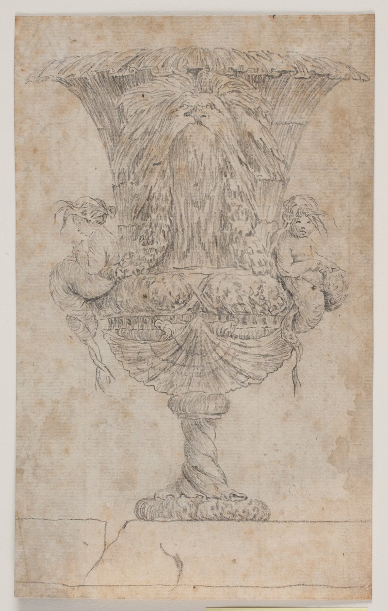 Dekorativní váza se dvěma putti (mořské panny?). Kopie po úpravě (pl. 9) v soupravě váz, které Saly nakreslil v roce 1746. "Vasa a se inventa..." od Jacques Francois Joseph Saly