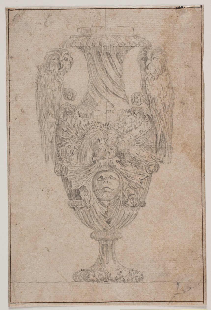 Dekorativní váza se dvěma sovami a hlavou. Kopie po Pl. 15 v soupravě váz nakreslených Saly v roce 1746, "Vasa a se inventa..." od Jacques Francois Joseph Saly