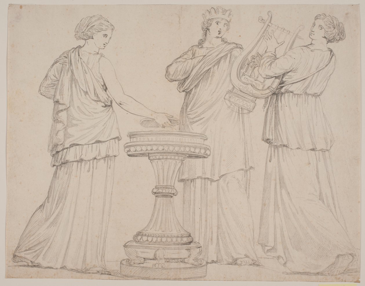 Tři ženy v řeckých rouchách u oltáře. Žena tv. s tabletou (?), uprostřed s korunkou, t.h. s lyrou (terpsichore?) od Jacques Francois Joseph Saly
