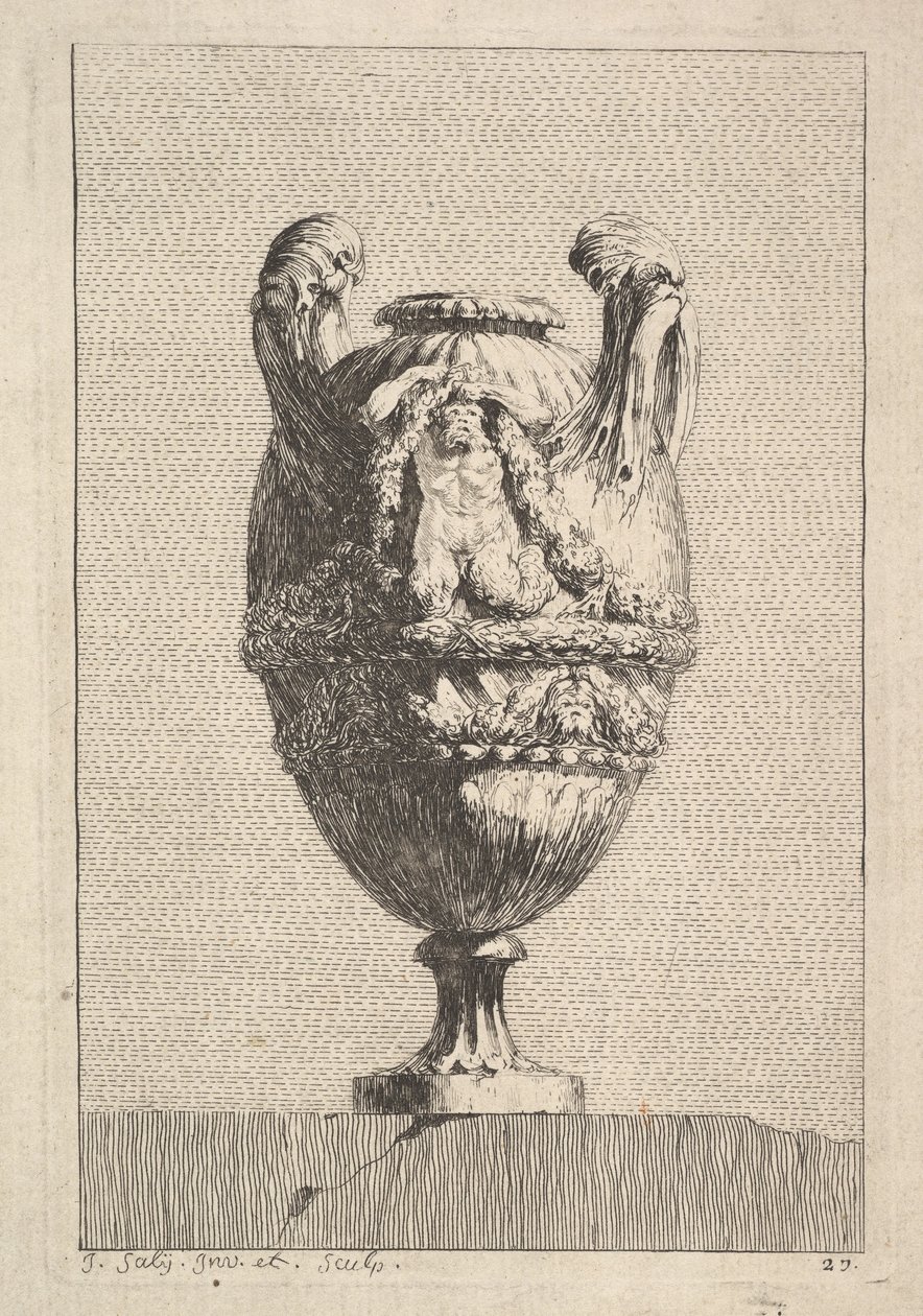 Váza s mužskou sirénou držící girlandu, od: Vázy, 1746. od Jacques Francois Joseph Saly