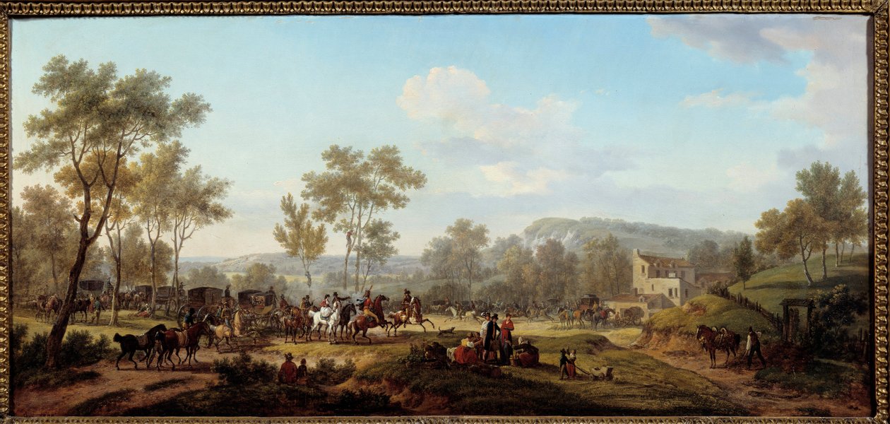 Závod v okolí Longchamps Attelages a jezdců na pařížském venkově. Obraz Jacques Francois Joseph Swebach Dit Fontaine (nebo Desfontaines od Jacques Francois Joseph Swebach
