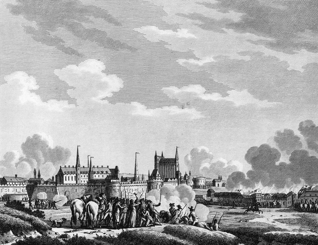Francouzská revoluce: Útok Vendeenů na Nantes dne 29. června 1793. Rytina Berthaut po Swebach Paris, Knihovna Ústavu dějin revoluce od Jacques Francois Joseph Swebach