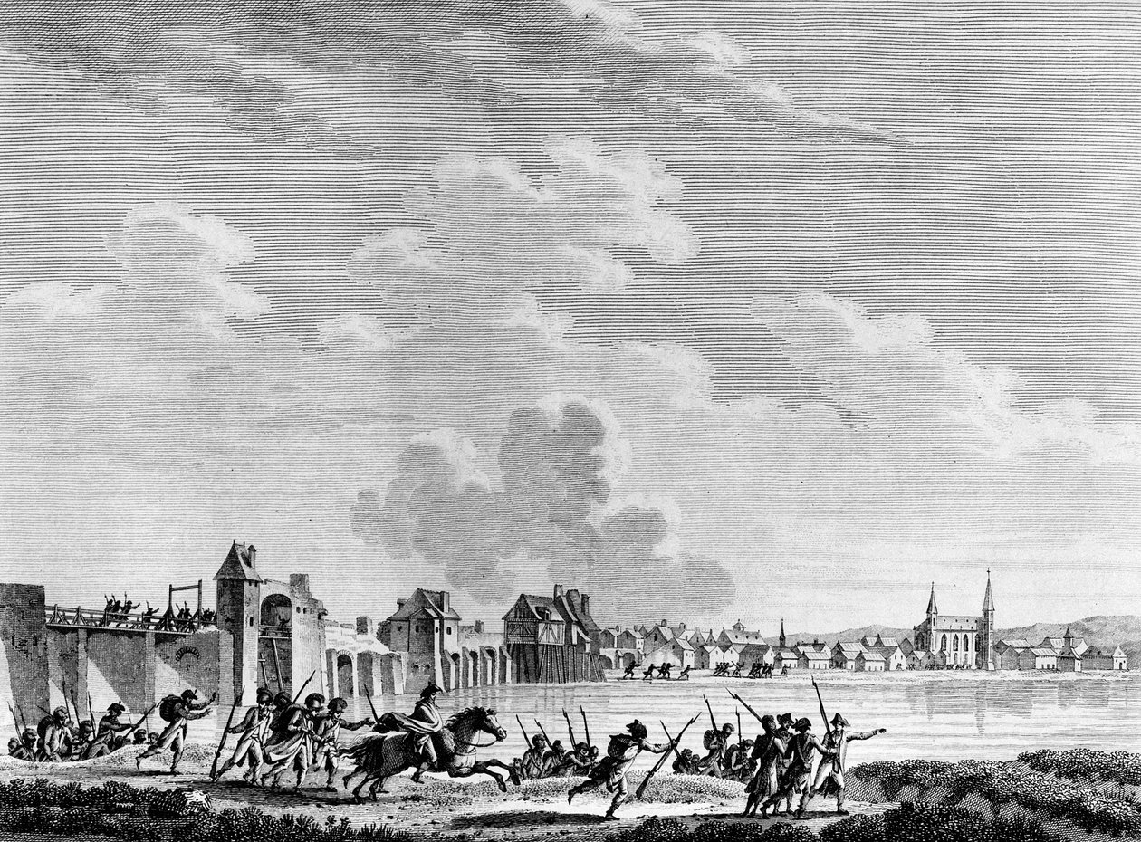 Francouzská revoluce: Deroute de Passy (Pacy sur Eure nebo Pacy-sur-Eure) dne 13. července 1793. Rytina Berthaut po Swebachovi. Paříž, knihovna Ústavu dějin revoluce od Jacques Francois Joseph Swebach