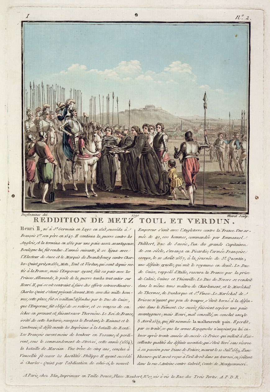 Henri II. (1519-59) dostává klíče Metz, Toul a Verdun (1552), vyryté Jeanem Baptistem Morretem (fl.1790-1820), 1790 (barevné lito) od Jacques Francois Joseph Swebach