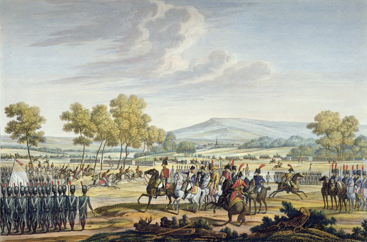 Manévrování císařské gardy v přítomnosti dvou císařů v Tilsitu, 28. června 1807, vyryto Edmem Bovinetem (1767-1832) (akvatinta) od Jacques Francois Joseph Swebach