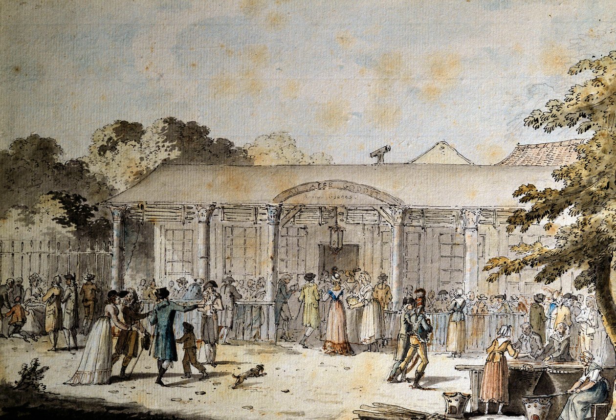 Pohled na Cafe Goddet (nebo Godet), Boulevard du Temple, v době konzulátu od Jacques Francois Joseph Swebach