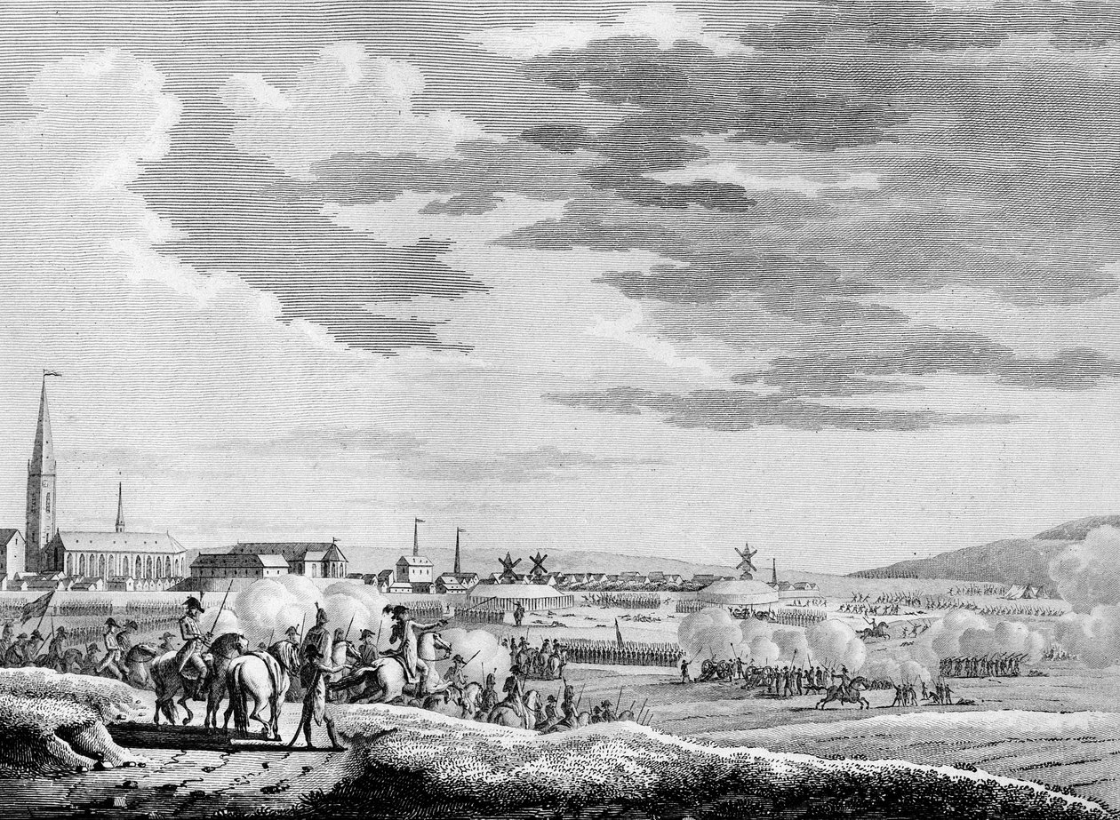 Válka francouzské revoluce a protirevoluční hnutí: Francouzské vítězství v bitvě u Hondschoote u Dunkerque proti britským a rakouským protirevolučním jednotkám v roce 1793. Rytina Berthaut po Swebach. Paříž, knihovna institutu od Jacques Francois Joseph Swebach
