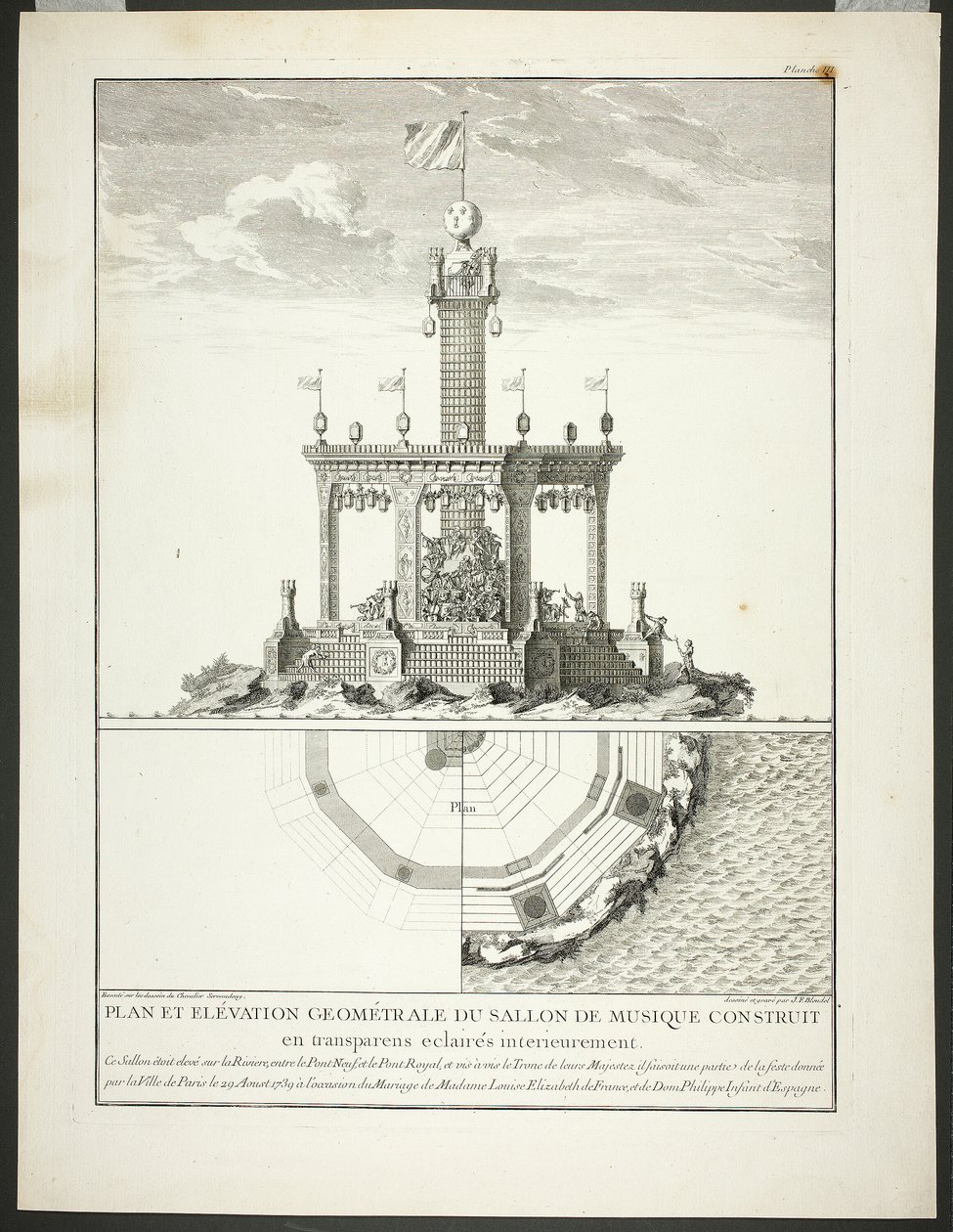 Plán a výřez hudebního sálu, třetí deska z knihy Description des Festes Données par la Ville de Paris od Jacques François Blondel