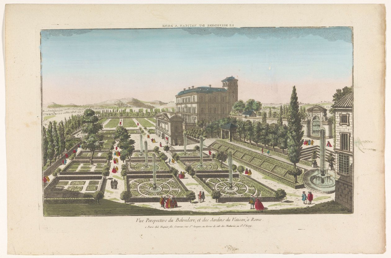 Pohled na Giardini Vaticani ve Vatikánu Le Belvedere du Vatican v Římě (název na předmětu) od Jacques Gabriel Huquier