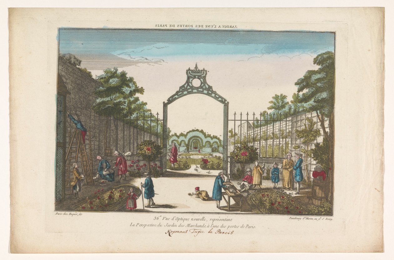 Gezicht op de Jardin des Marchands te Parijs Zahrada u jedné z bran Paříže (název na objektu) od Jacques Gabriel Huquier
