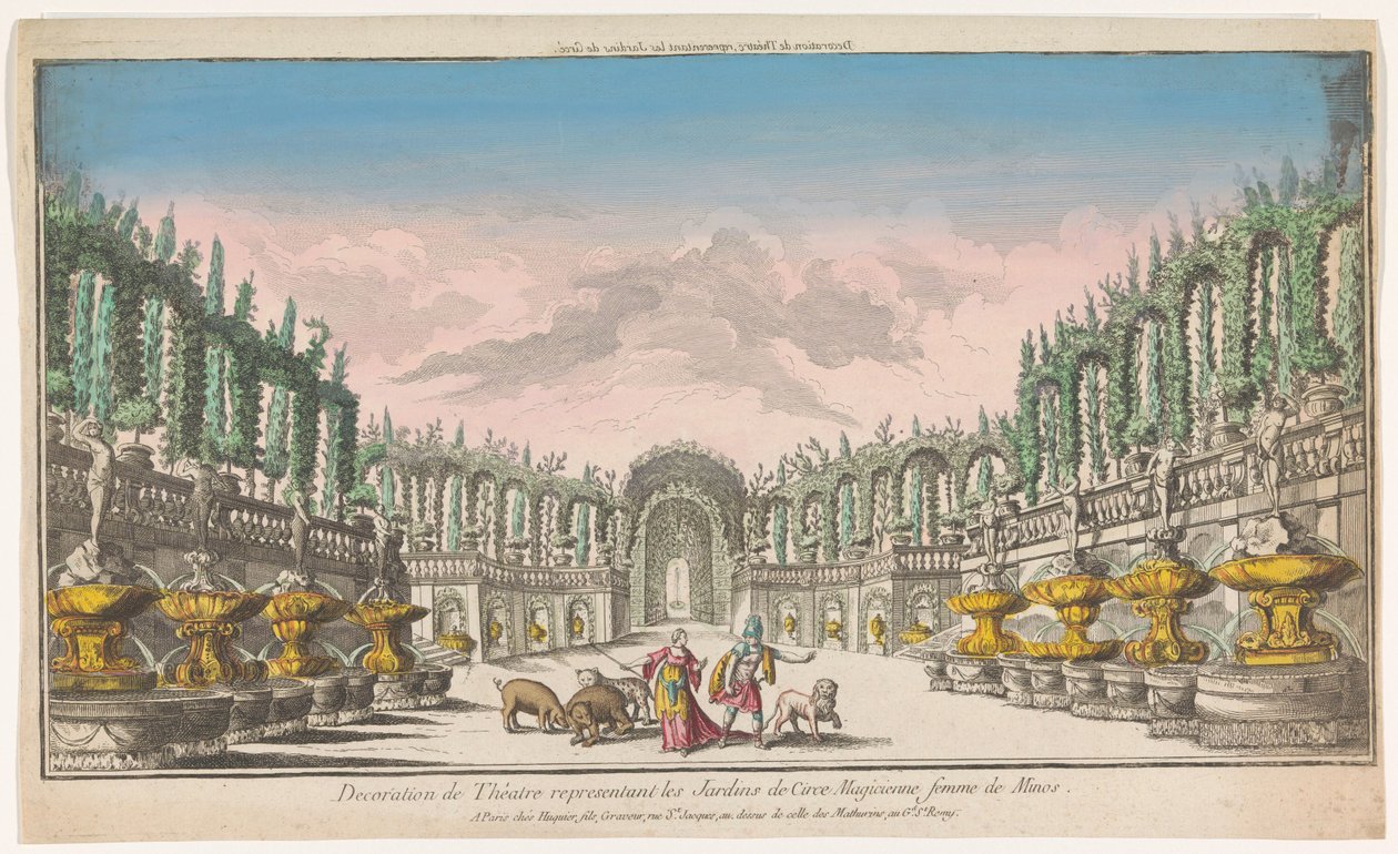 Pohled na zahradu Circe Decoration de théatre, reprezentativní les Jardins de Circe (název na objektu) od Jacques Gabriel Huquier
