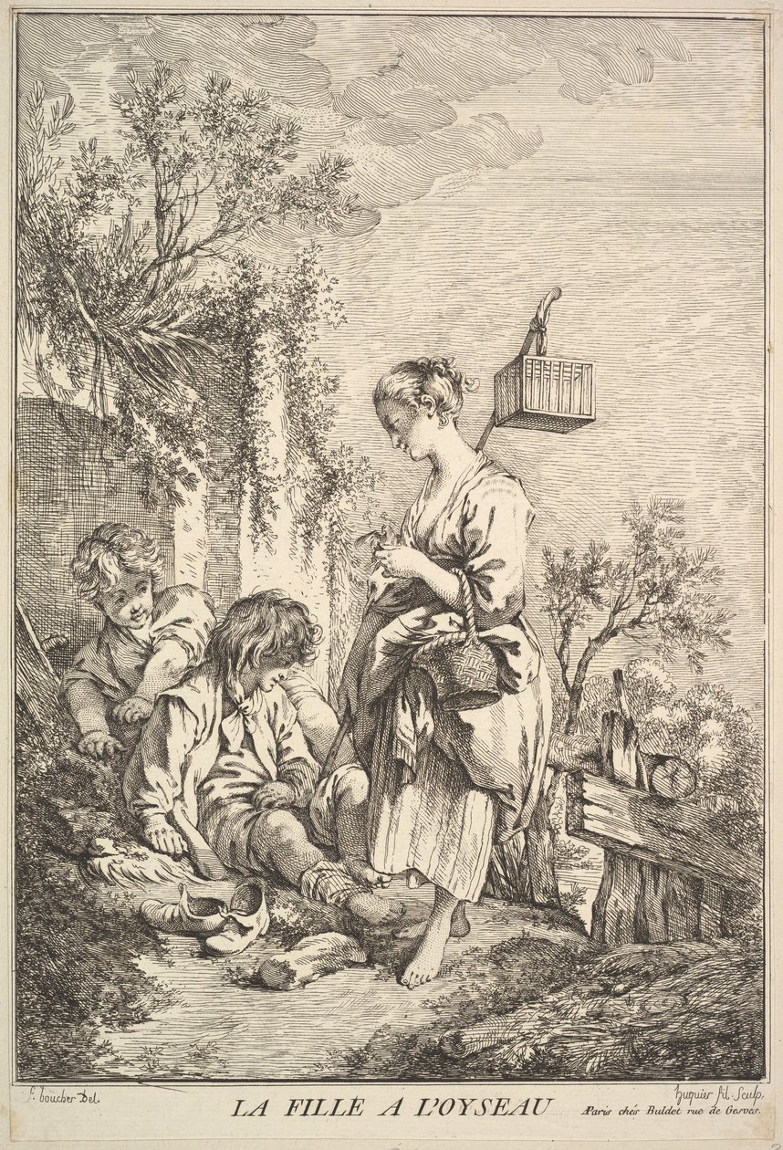 Dívka s ptákem, polovina až konec 18. století. od Jacques Gabriel Huquier