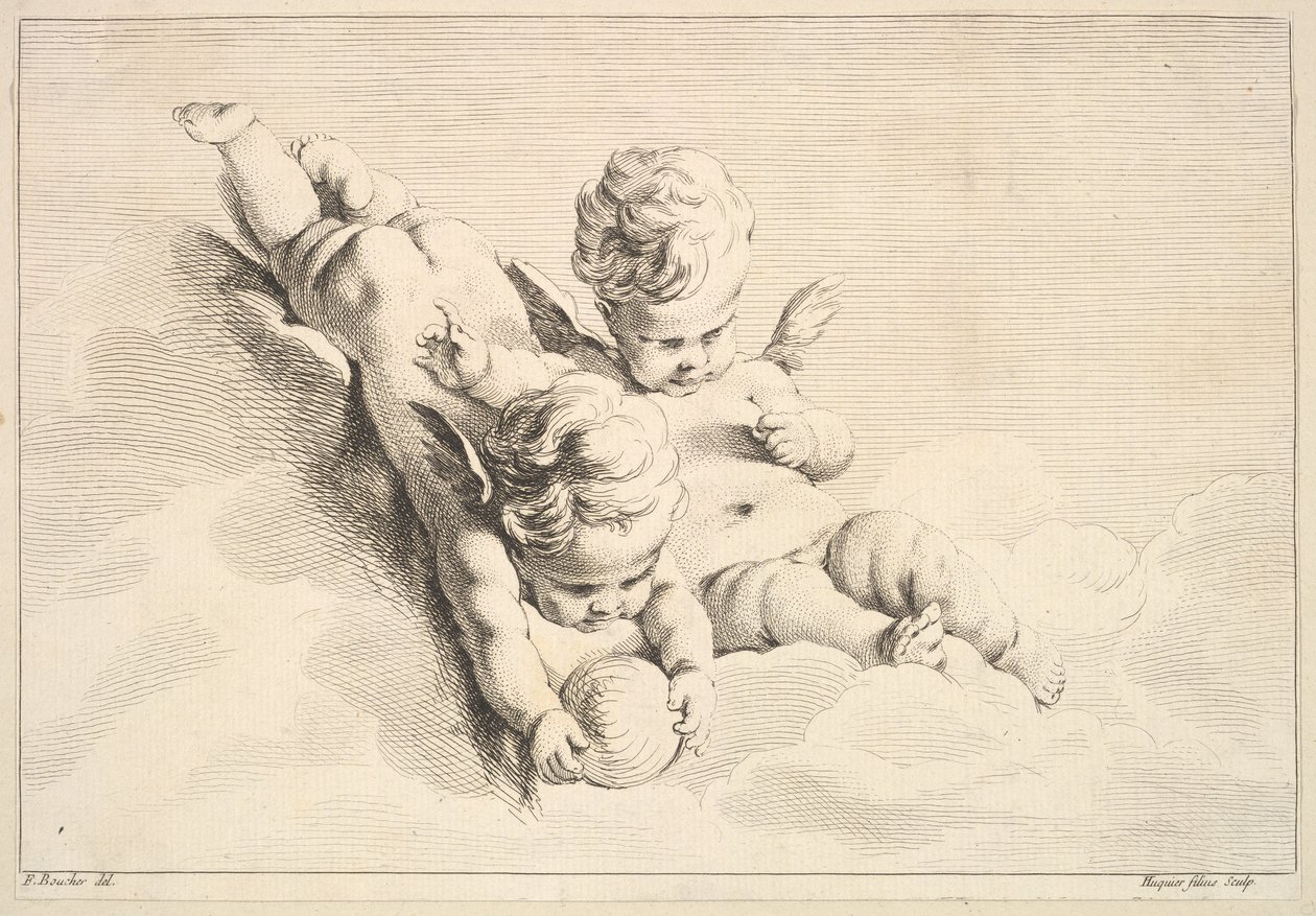Dva Cupids, jeden drží míč, střední k pozdní 18. století. od Jacques Gabriel Huquier