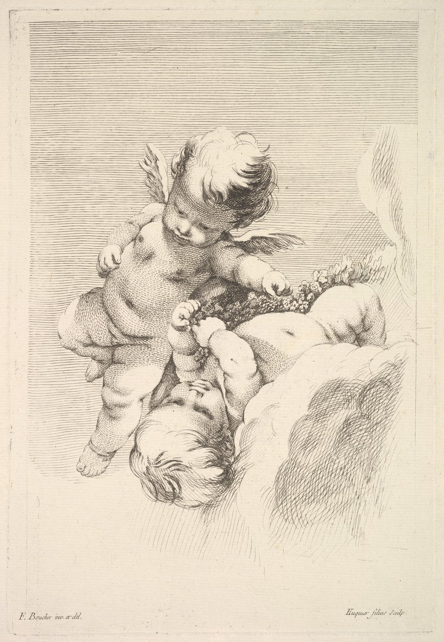 Dva Cupids, jeden drží věnec, střední k pozdní 18. století. od Jacques Gabriel Huquier