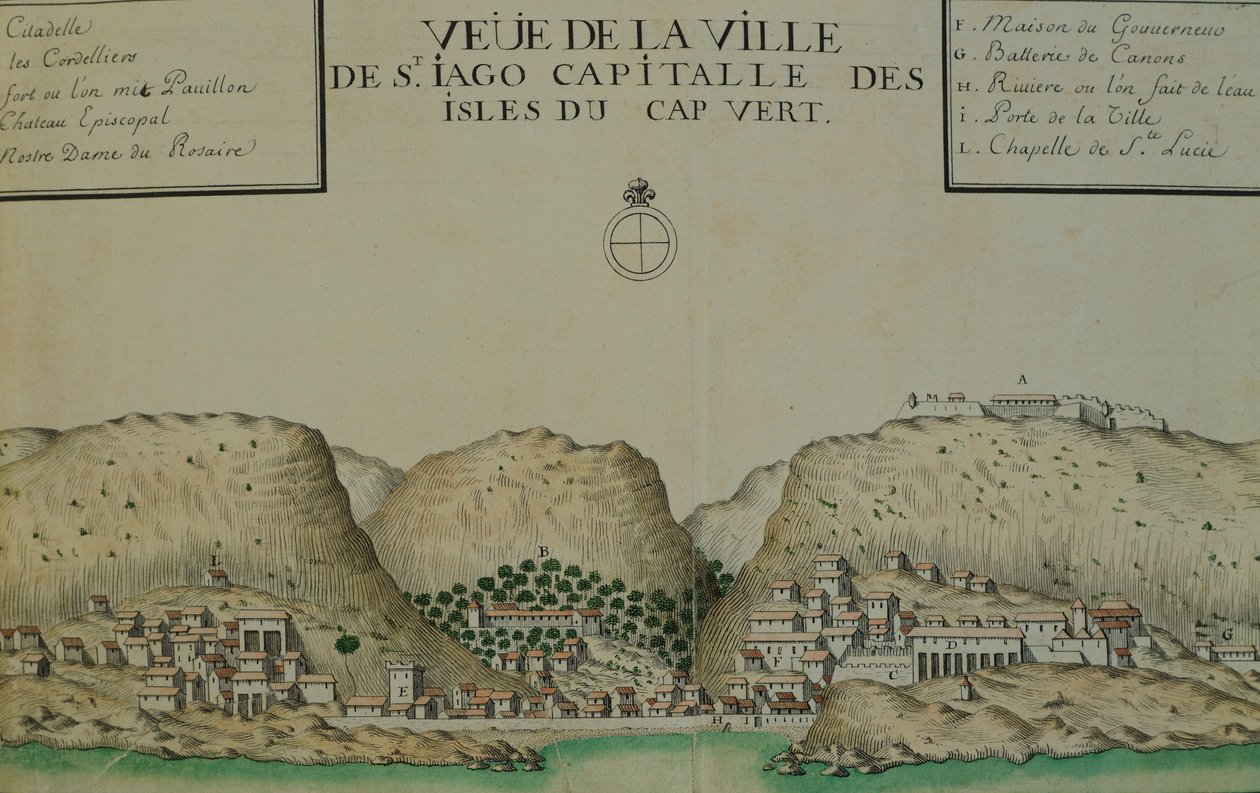 Město Saint Jago (Santiago) na Kapverdách, akvarel z lodního deníku vedeného Jacquesem Gouinem de Beauchesne, kapitánem lodi v jižních mořích v letech 1698 až 1701. od Jacques Gouin de Beauchesne