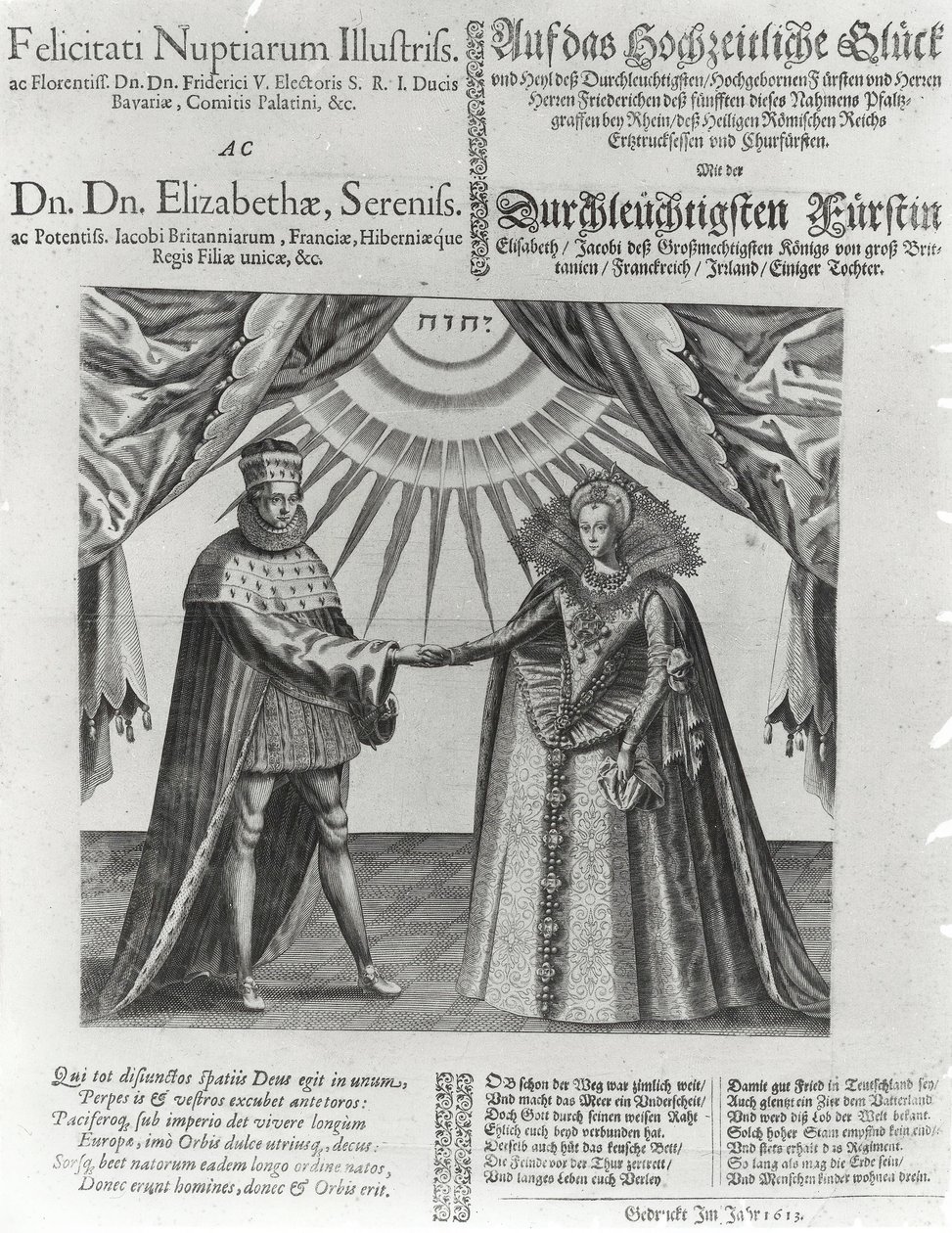 Široká strana o svatbě Fridricha V., kurfiřta Palatina a anglické princezny Alžběty, 1613 od Jacques Granthomme